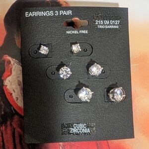 Sterling Silver Cubic Zirconia Graduated Stud Earring Set of 3 Nickel Free